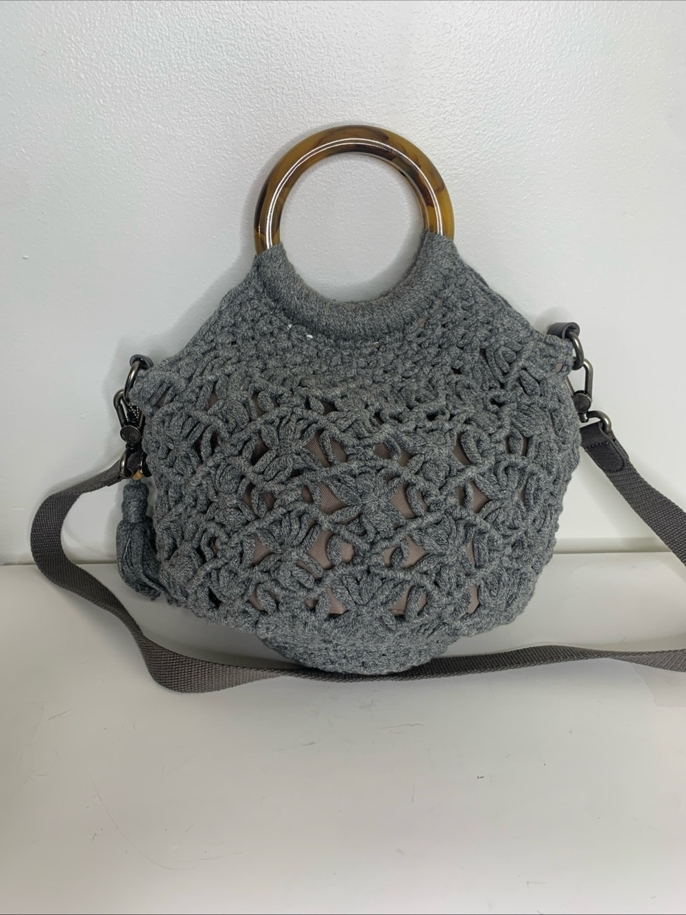 Sak Helena Crochet Circle Handle Crossbody Tortoise Shell Ring Top Handle Gray - Picture 5 of 15